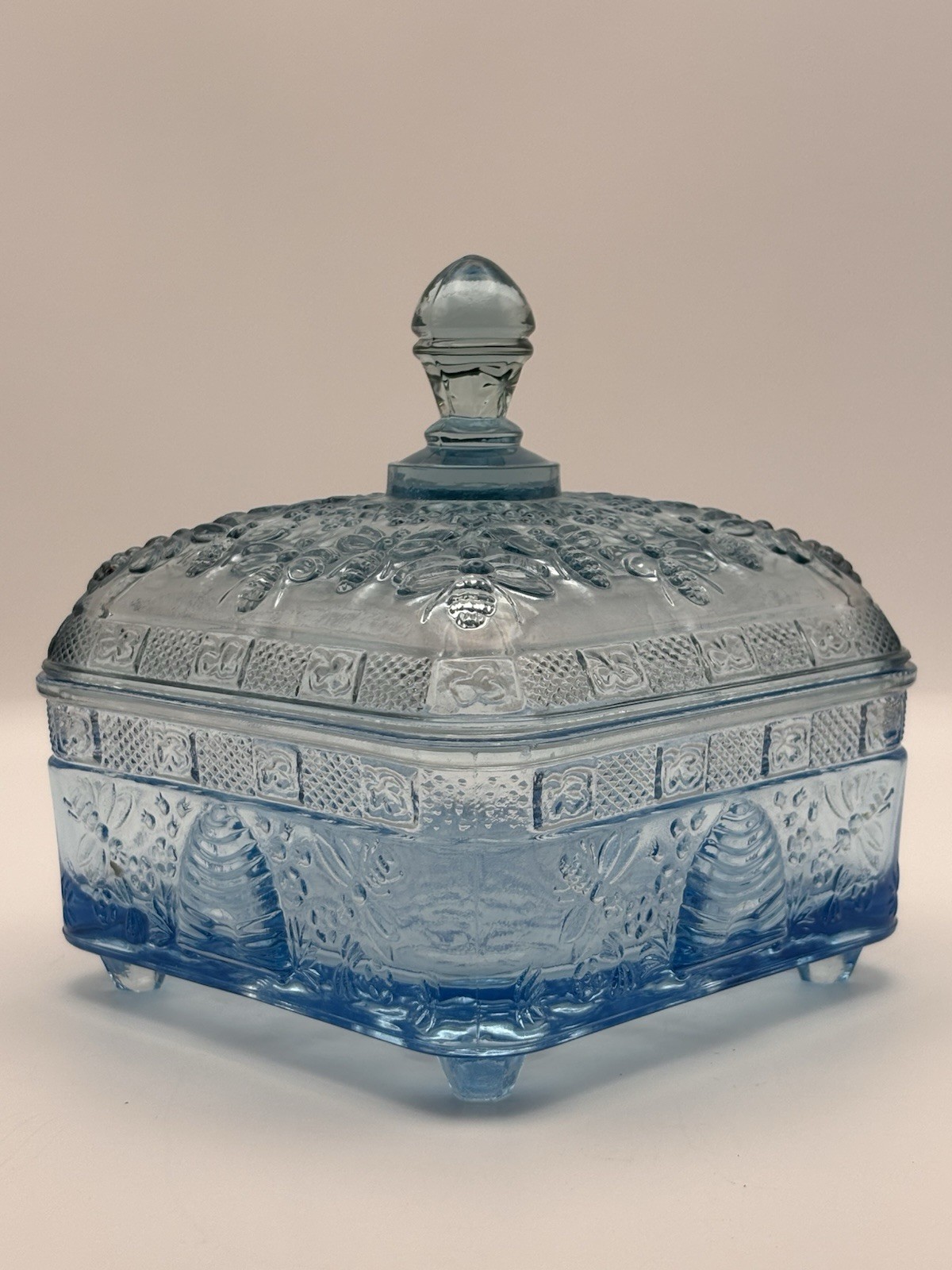 Vintage Tiara Indiana Bee Box/Beehive Honey Pot Ice Blue Candy Dish/Beehive Box