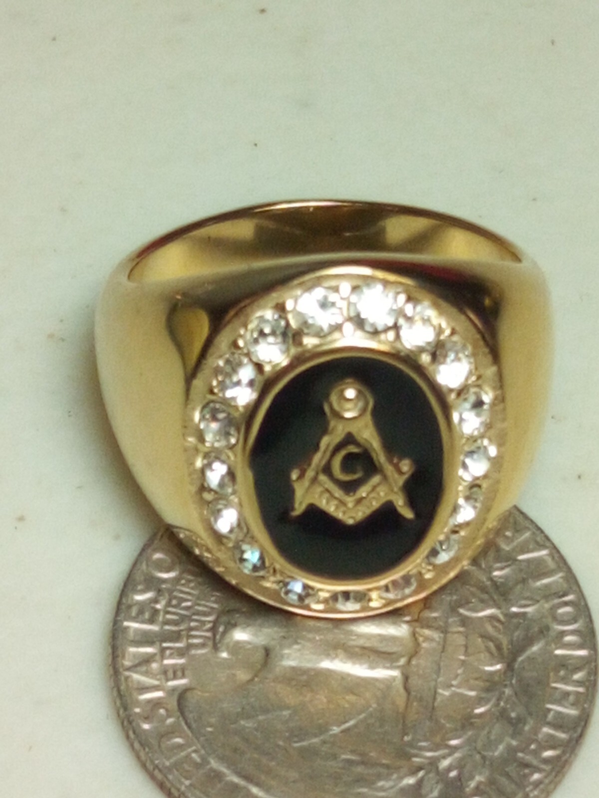 Freemason Round Masonry Black Enamel Club Ring W/ Rhinestones TK316 Size 9 C28