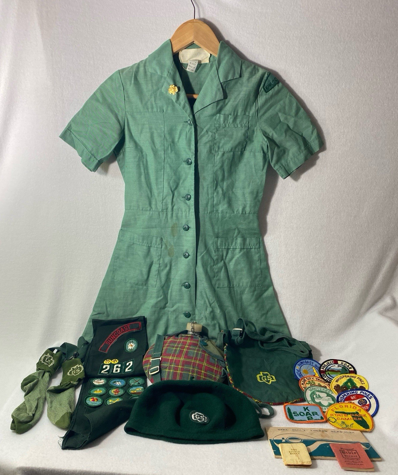 Vintage 1970’s Girl Scout Uniform Lot Dress, Sash, Canteen, Merit Badges & More