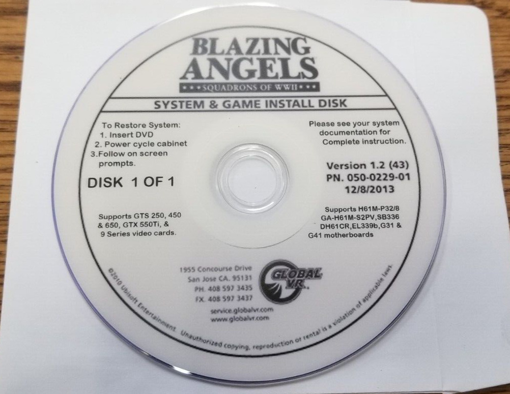 BLAZING ANGELS GLOBAL VR SYSTEM @ GAME  INSTALL DISK RECOVERY DVD USED WORKING