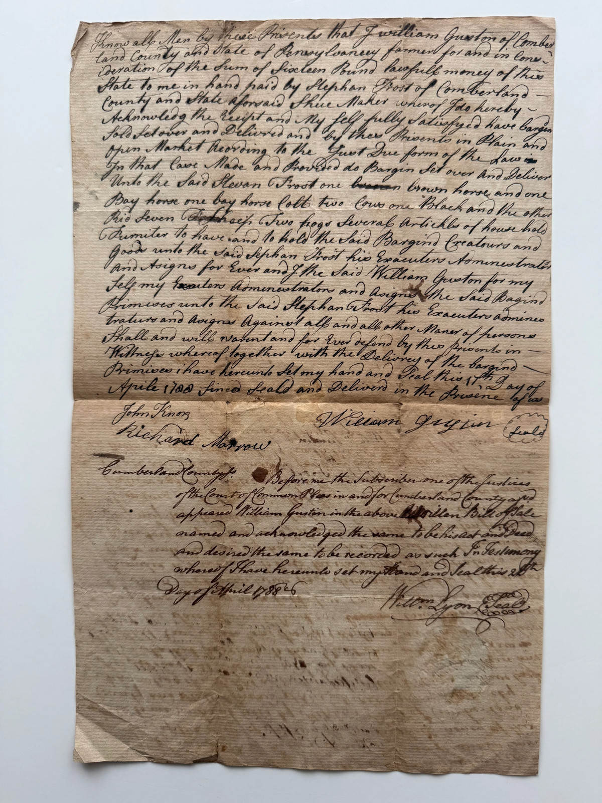 1788 Revolutionary War-Era Pennsylvania Bill of Sale – Cumberland County,