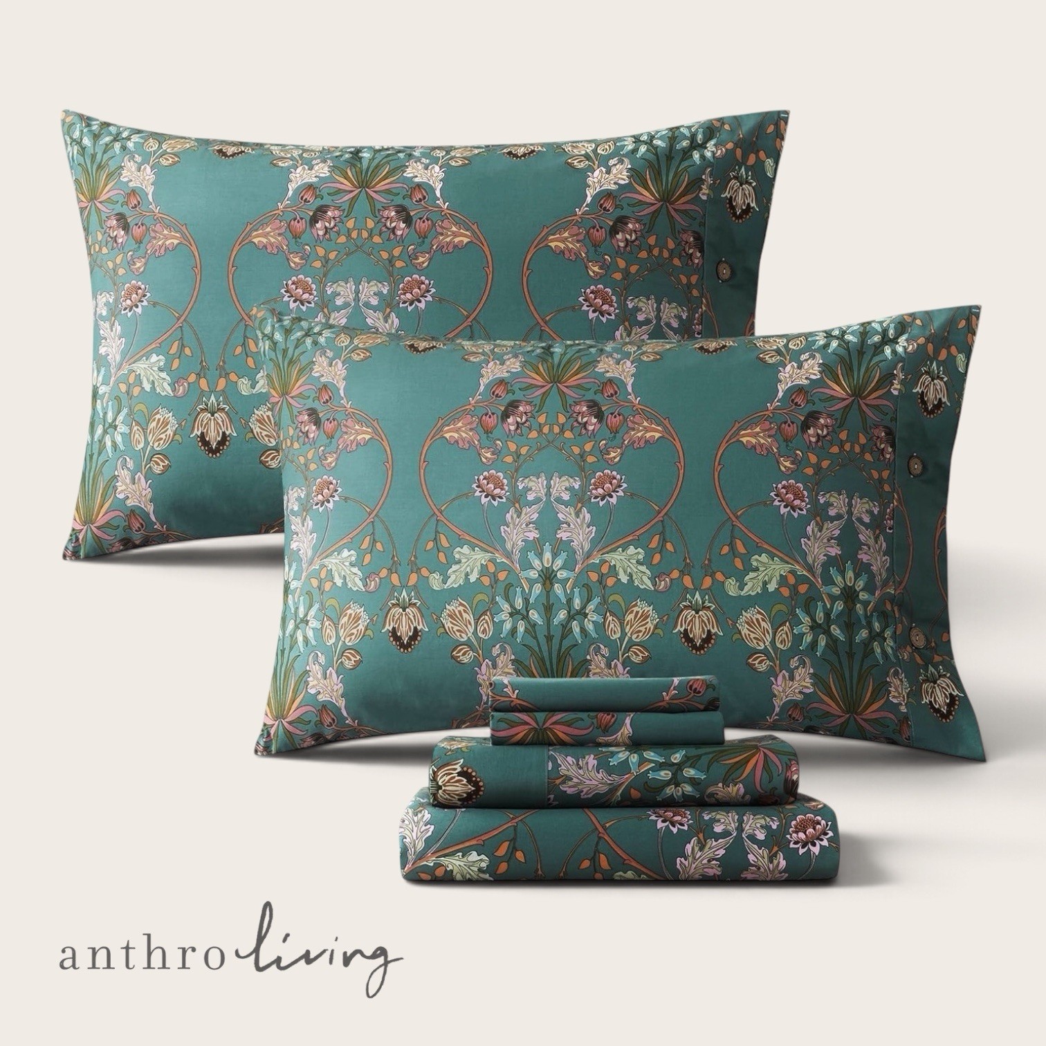 NEW Anthropologie Teal Orange 100% Cotton Matching 4 PC Sheet Set