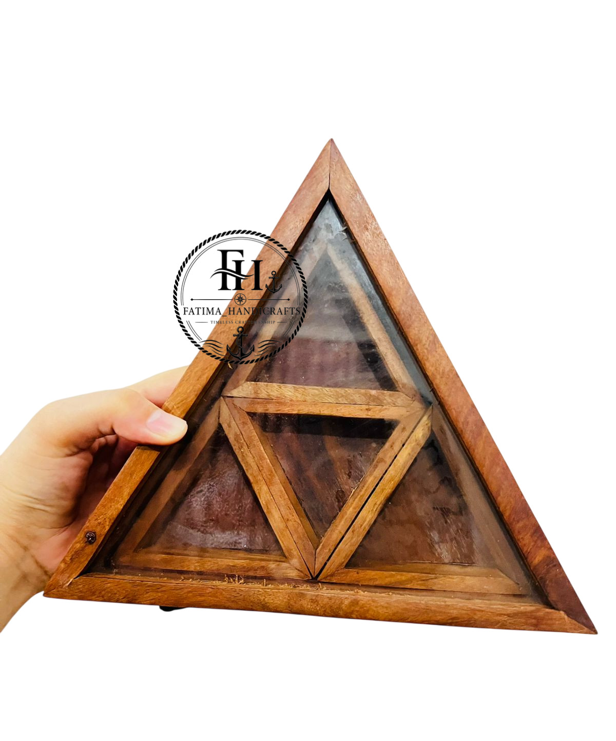 FATIMA Handcrafted Triangular Wooden Spice Box with Glass Lid Halloween Gift