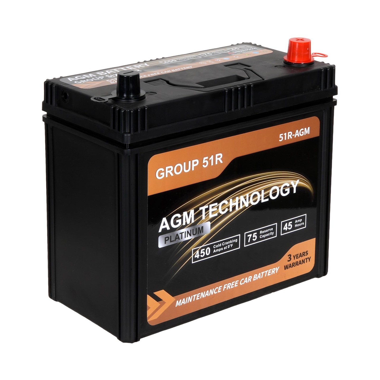 Platinum AGM Car Battery Group Size 51R, 12V 45Ah, 450 CCA, 75 RC, Rechargeab...