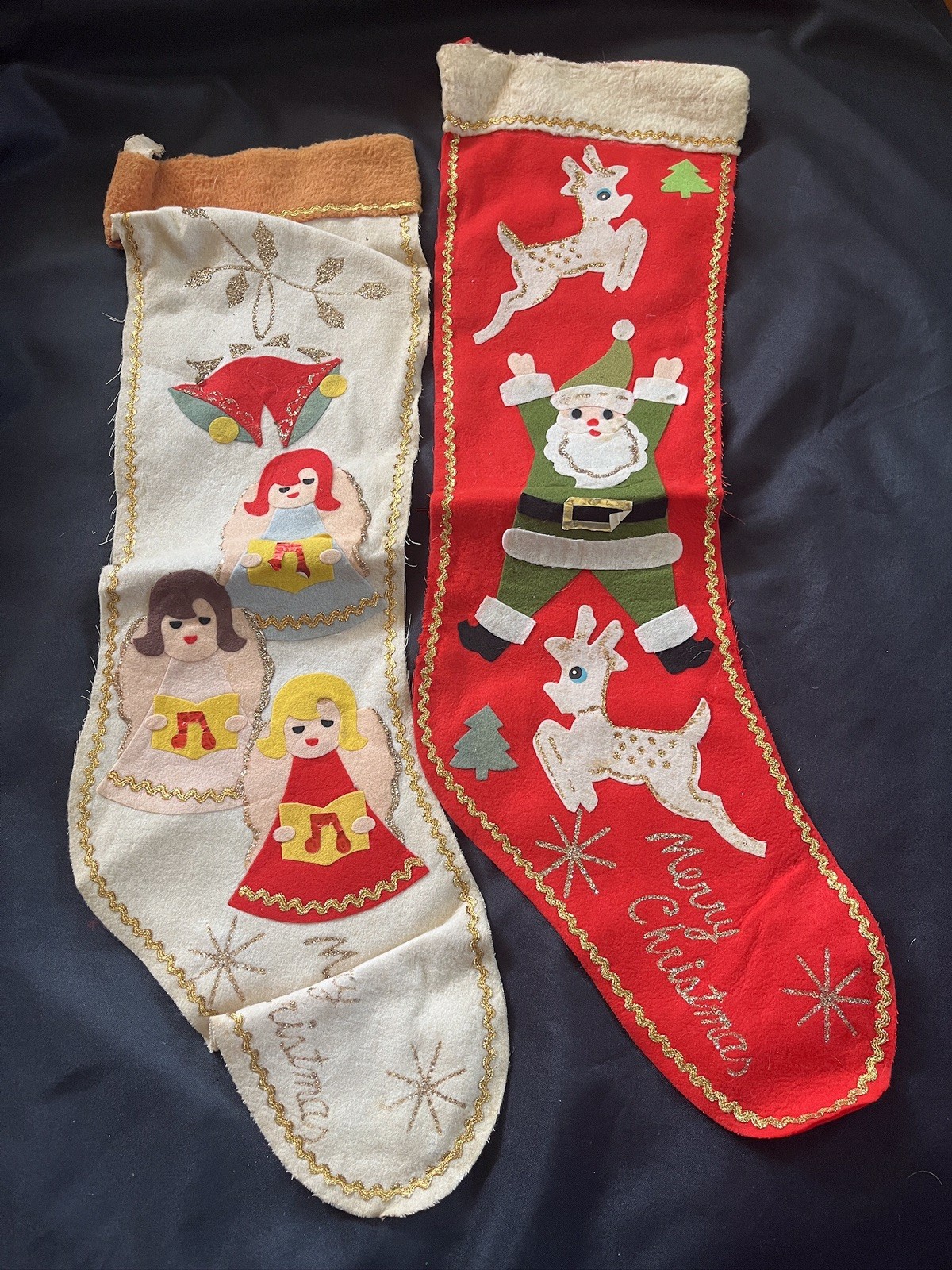 2 Vtg 50s Felt Christmas Stockings Santa Reindeer Angels Kitschy MCM Decor Japan