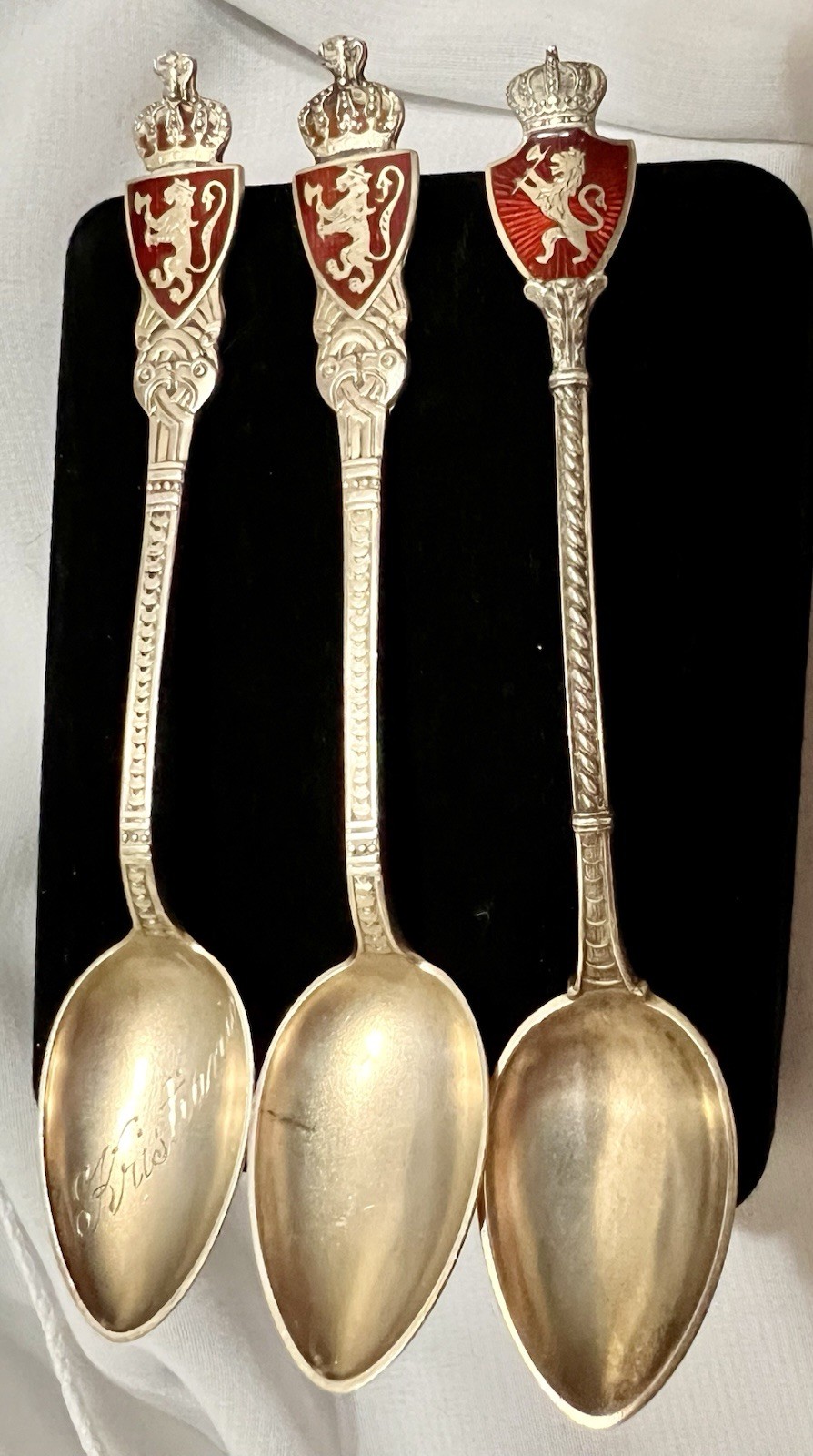3 Spoon Lot DAVID ANDERSEN Norway STERLING SILVER ENAMEL Lions ANTIQUE c1925