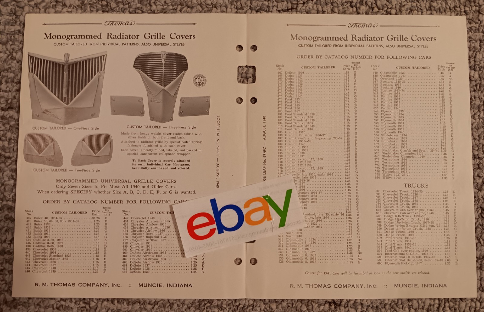 Vintage August 1940 Print Ad  R.M. Thomas Co Radiator Grille Covers Muncie Ind