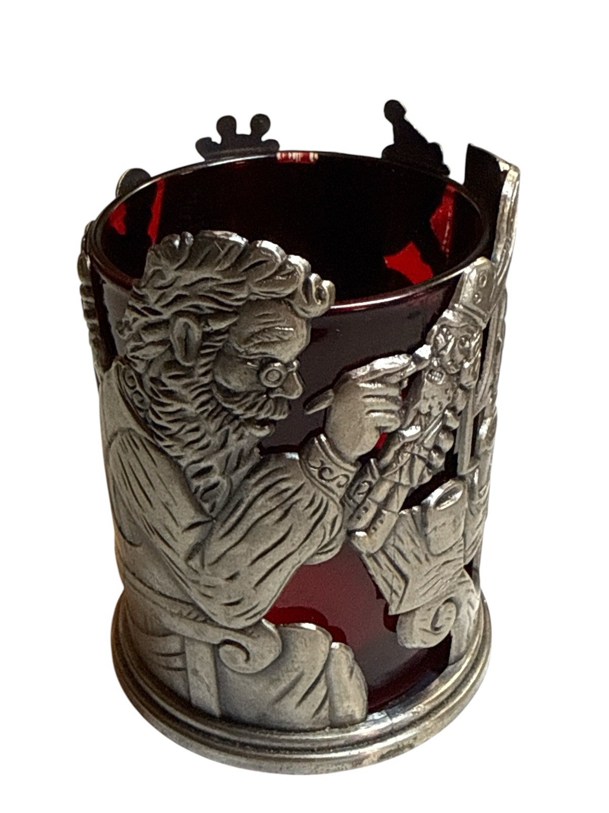 Home for the Holidays Santa Pewter Votive Holder Red Glass Christmas Vintage