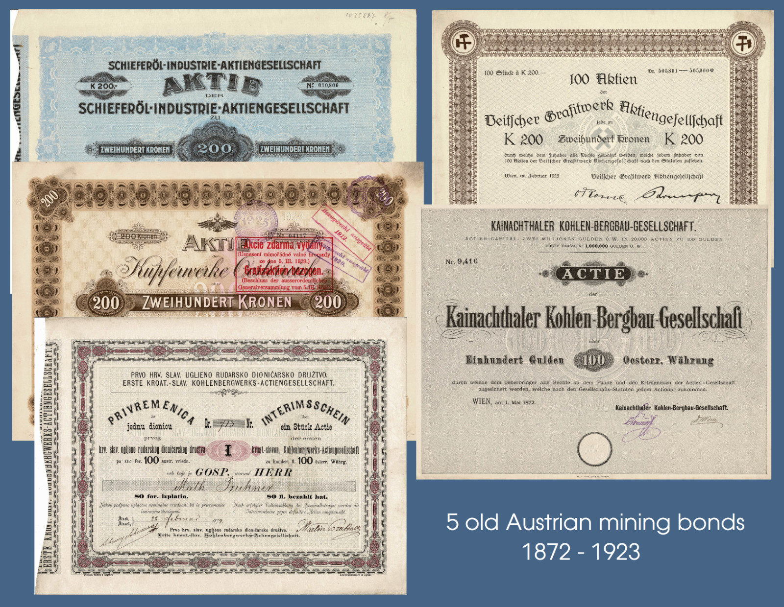 Lot of 5 Old Austrian mining Shares 1872 - 1923 incl Scarce Ones