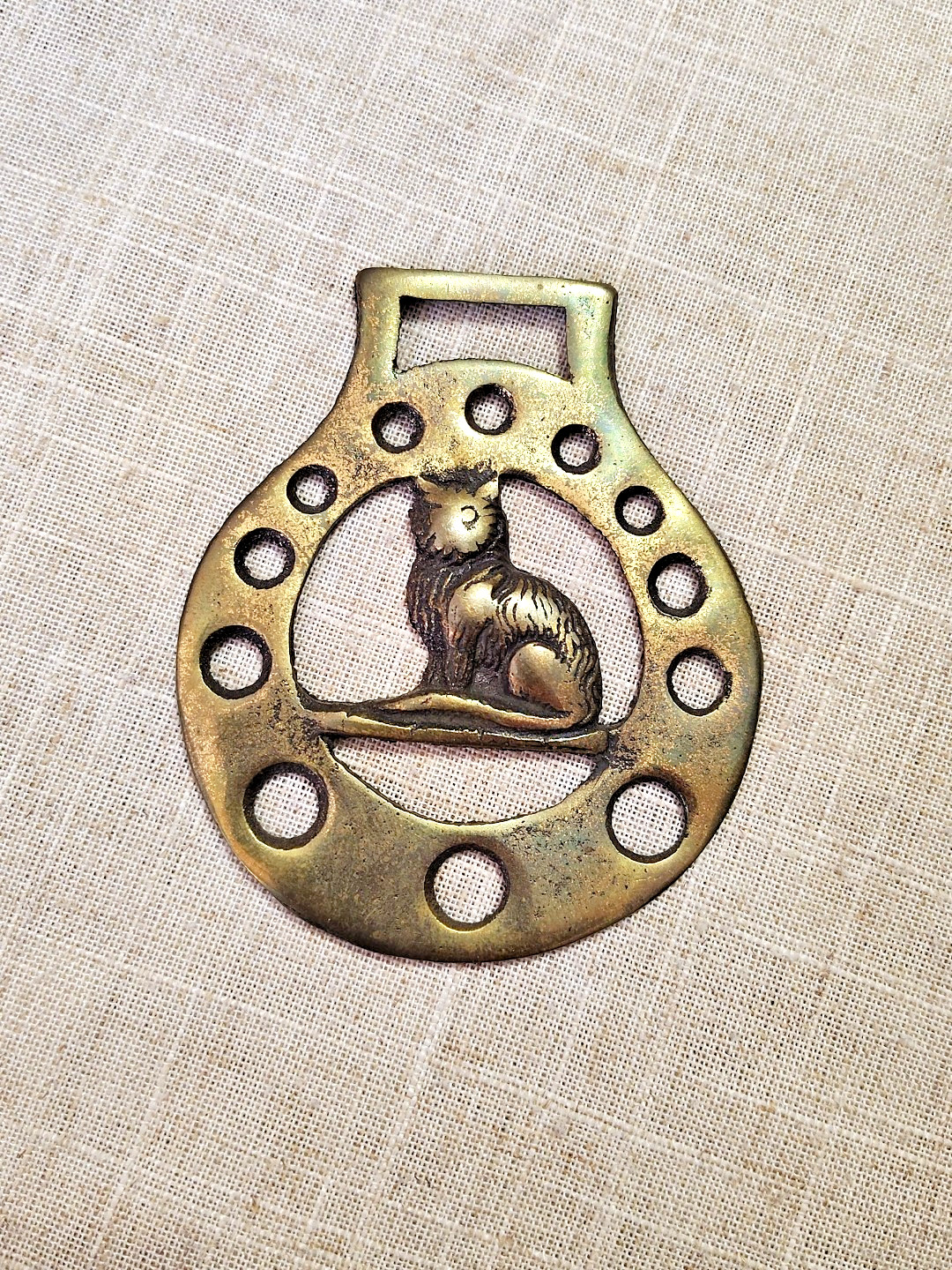 Vintage Brass Horse Medallion English Cat  Figure Lucky Border Parade Harness