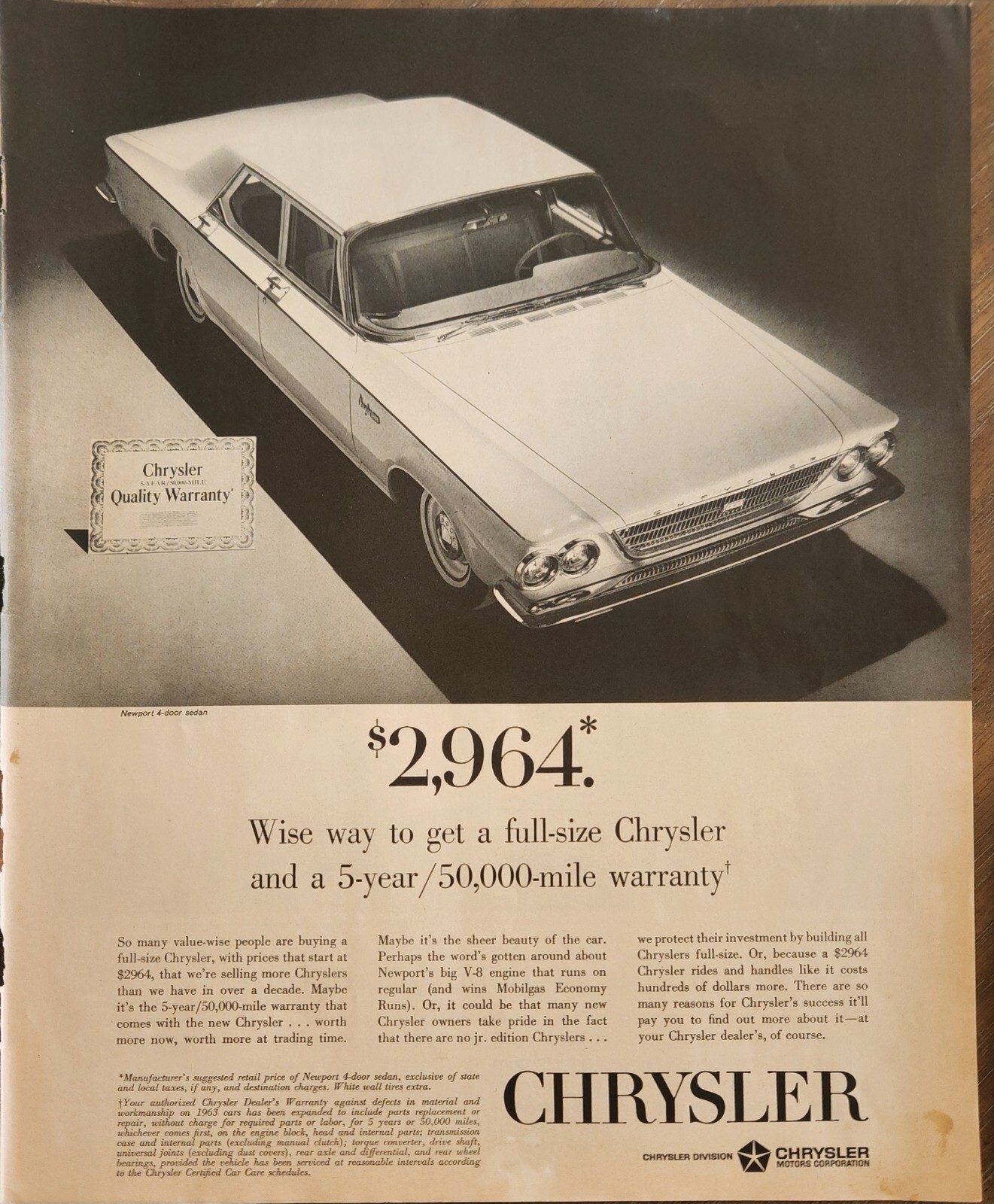 1963 Chrysler Newport 4 door sedan Car Vintage Ad 14 x 11 wise way to get a full