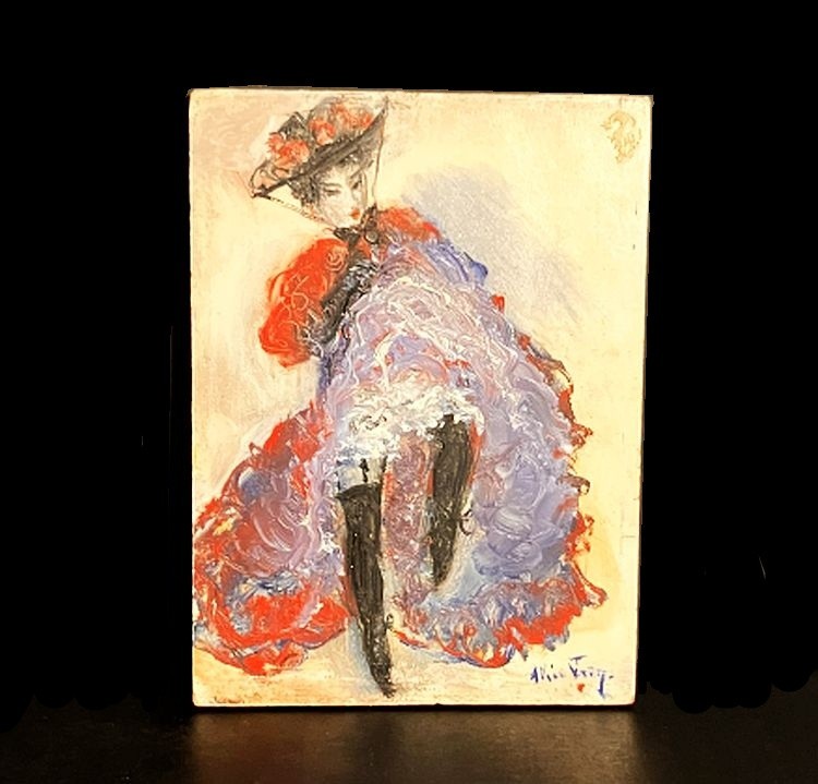 Original oil painting. Vintage French flea market find. Can Can girl oh la la.