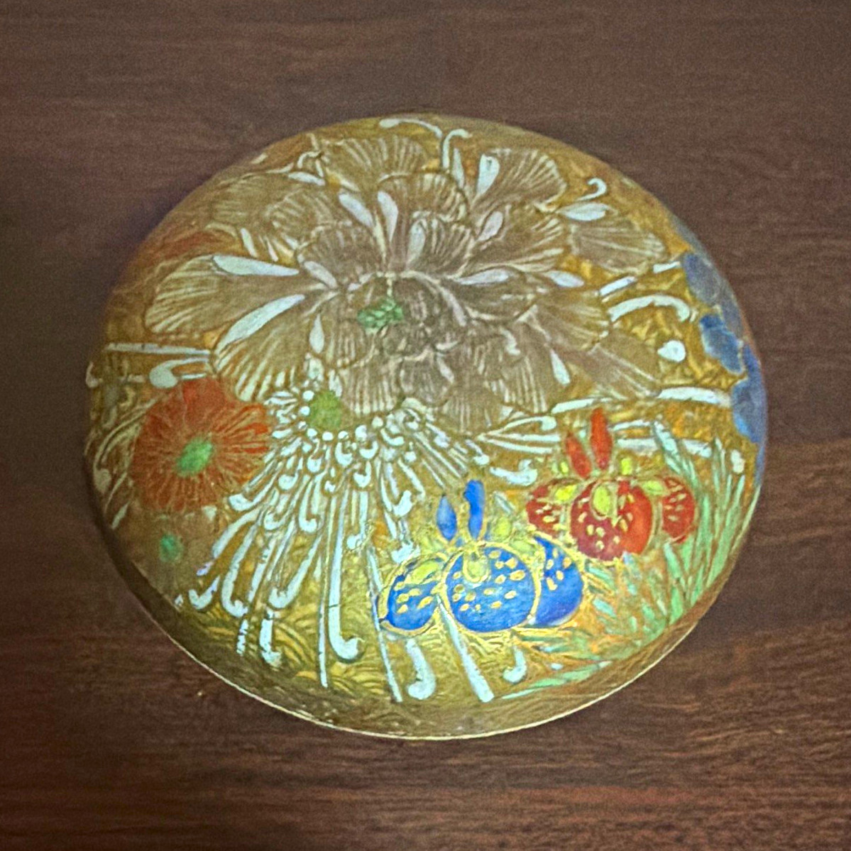 Antique Japanese Kutani Ware Hanazume Kogo Incense Box - Signed Gyozan (暁山)