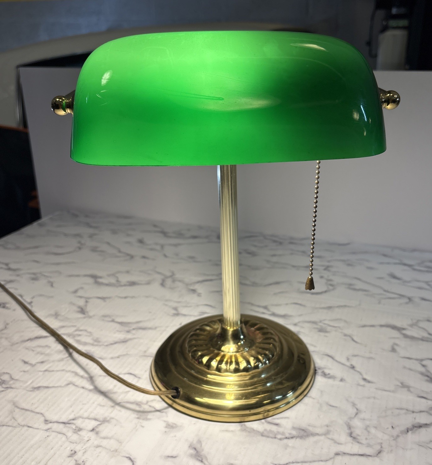 Vintage Banker Lamp Brass TESTED WORKING with Jade Hand Blown Glass Shade READ
