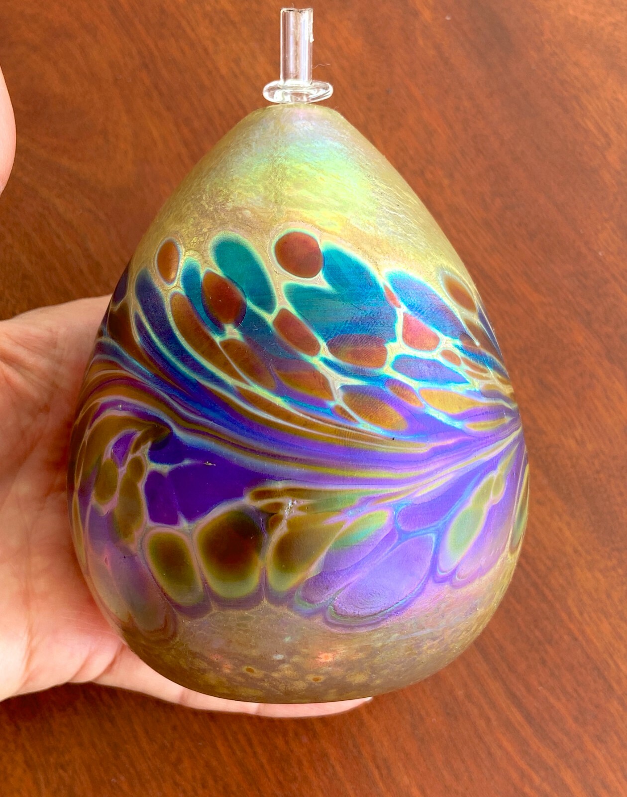 VINTAGE MAYTUM STUDIO Art BLOWN GLASS Iridescent Oil Candle Lamp 1993 Abstract