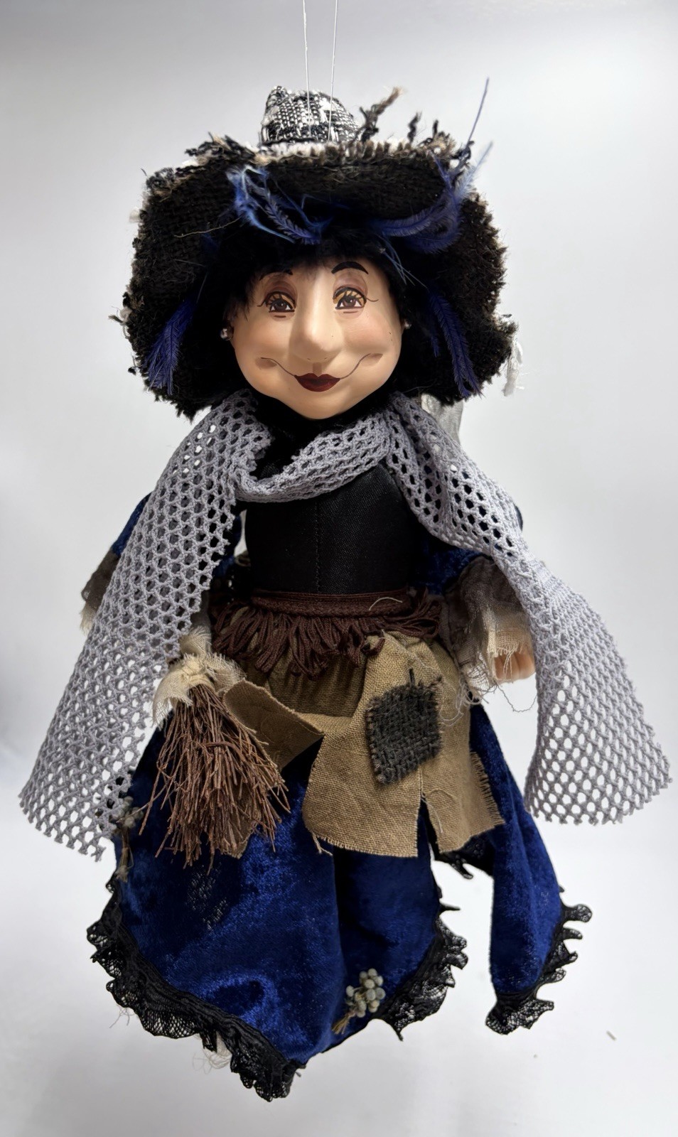 Pendle 15” Good Luck Hanging Blue Kitchen Witch W Broom Halloween Doll Lrg VTG