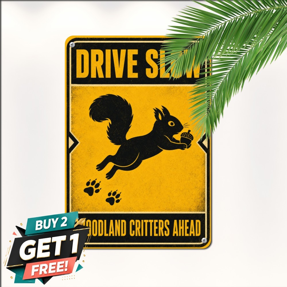 Slow Down Squirrels Crossing Sign Cute Wildlife Caution Metal Tin Plaque