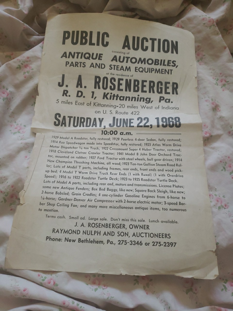Antique Automobile Public Auction Poster, Pennsylvania, 1968