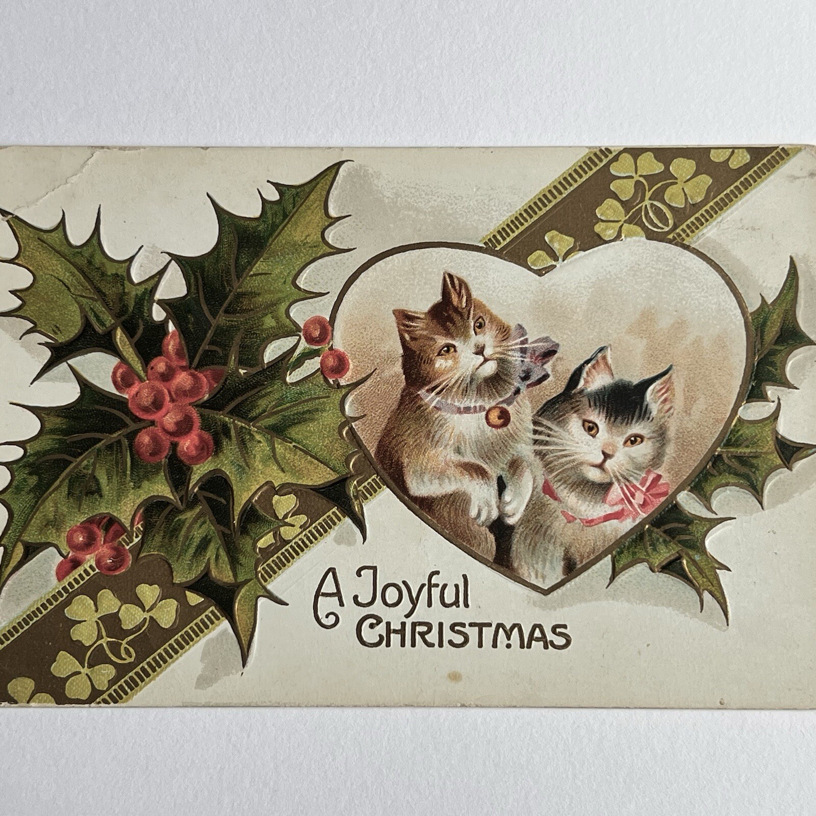 Antique Postcard Embossed Christmas Adorable Sweet Kitty Cat Cats In Heart
