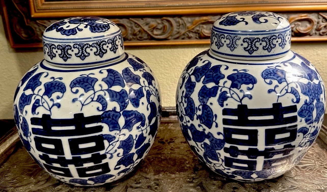 (2) Beautiful-Blue & White-Porcelain Chinese GINGER JARS-Chinoiserie-8.5”H 💙