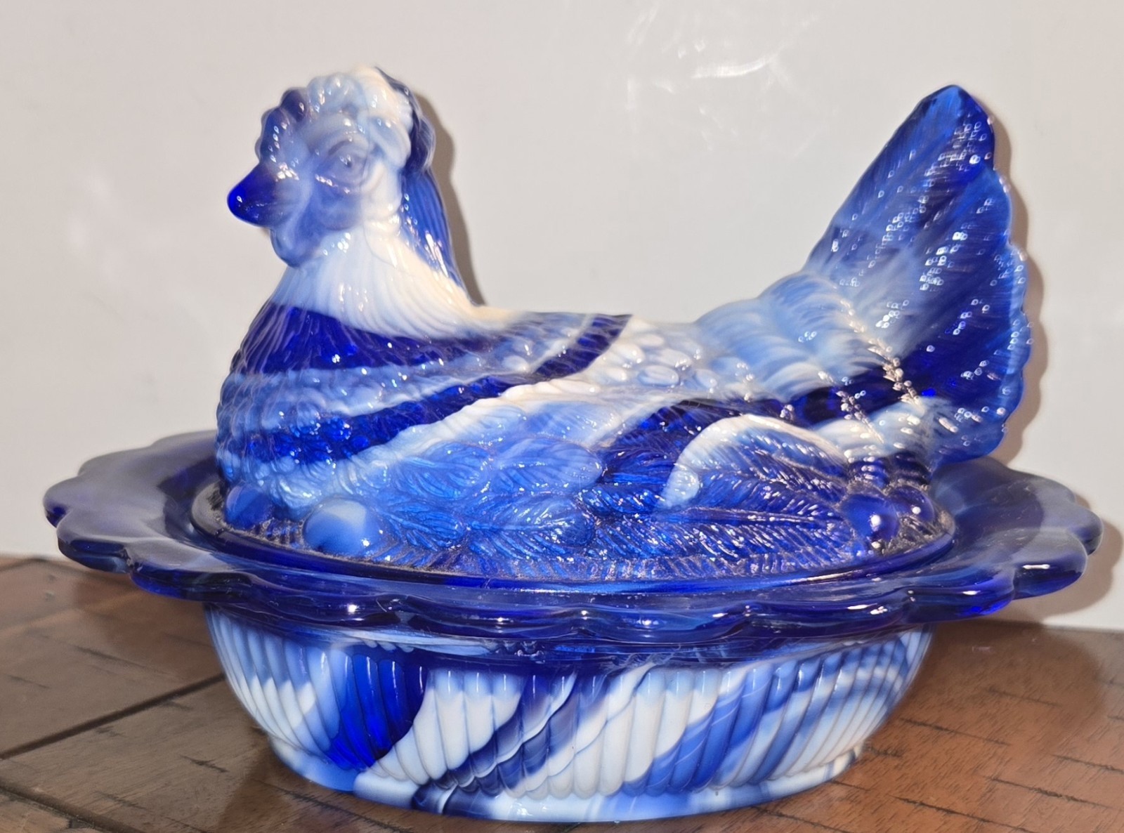 Rare Vtg Intense Cobalt Blue Marble Slag Glass Hen on Nest 6
