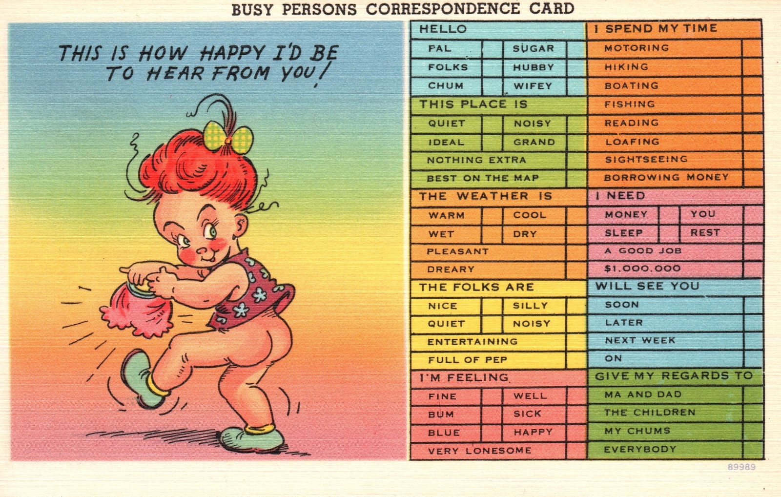 Vintage Postcard Busy Person's Correspondence Card Happy Kid No Underwear