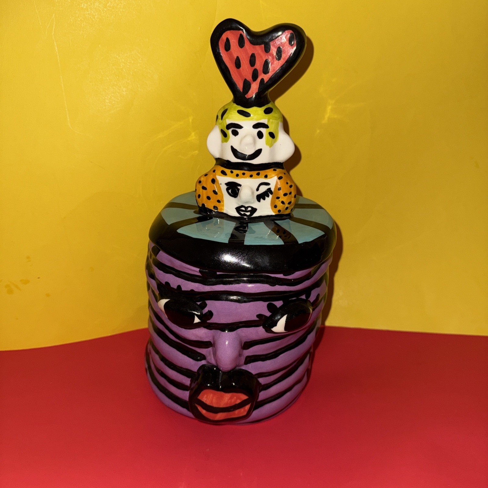 Jerilynn Babroff 12” Cookie Jar Face Vase Signed Heart Lid Modern Art Pottery
