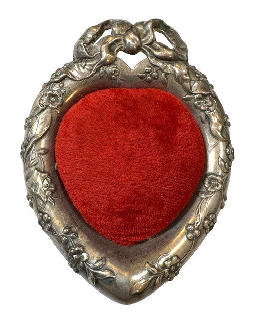 Vintage Reed & Barton Sterling Silver Heart Pin Cushion Floral Bow Repousse 1955