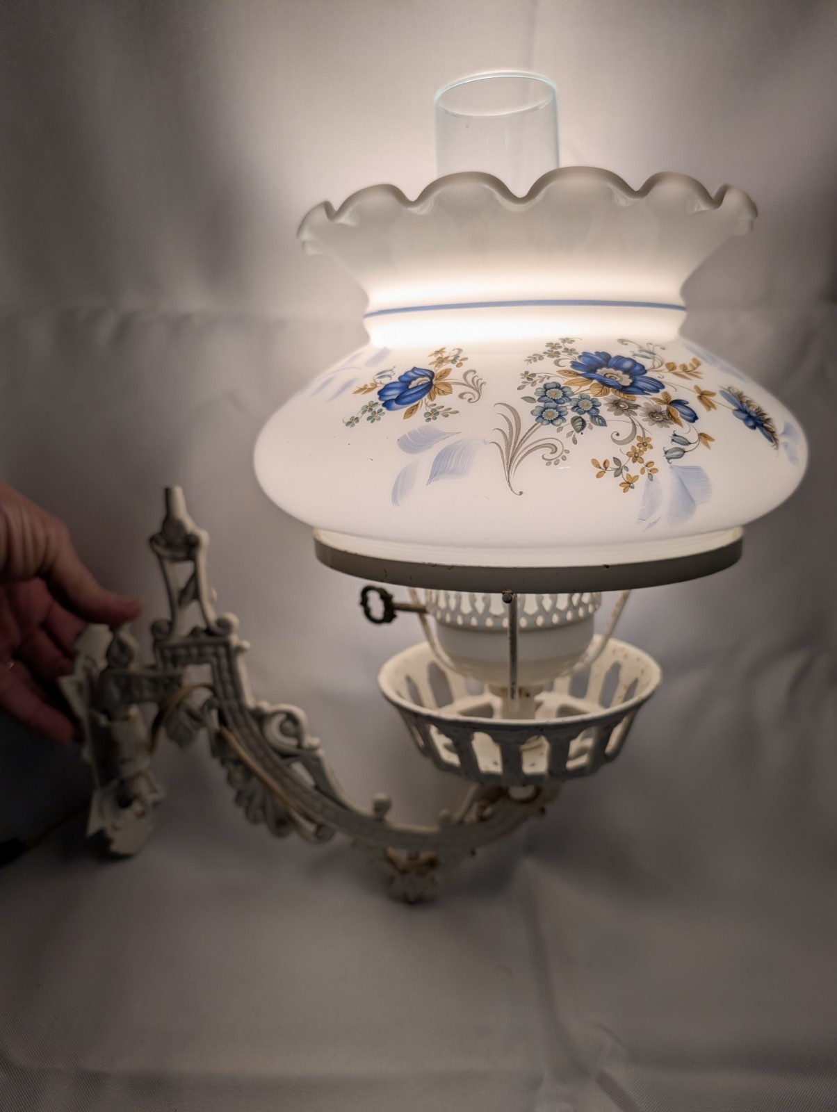 Antique Vintage Electrified Hanging Lamp W/White Cast Iron Lamp Holder/Bracket