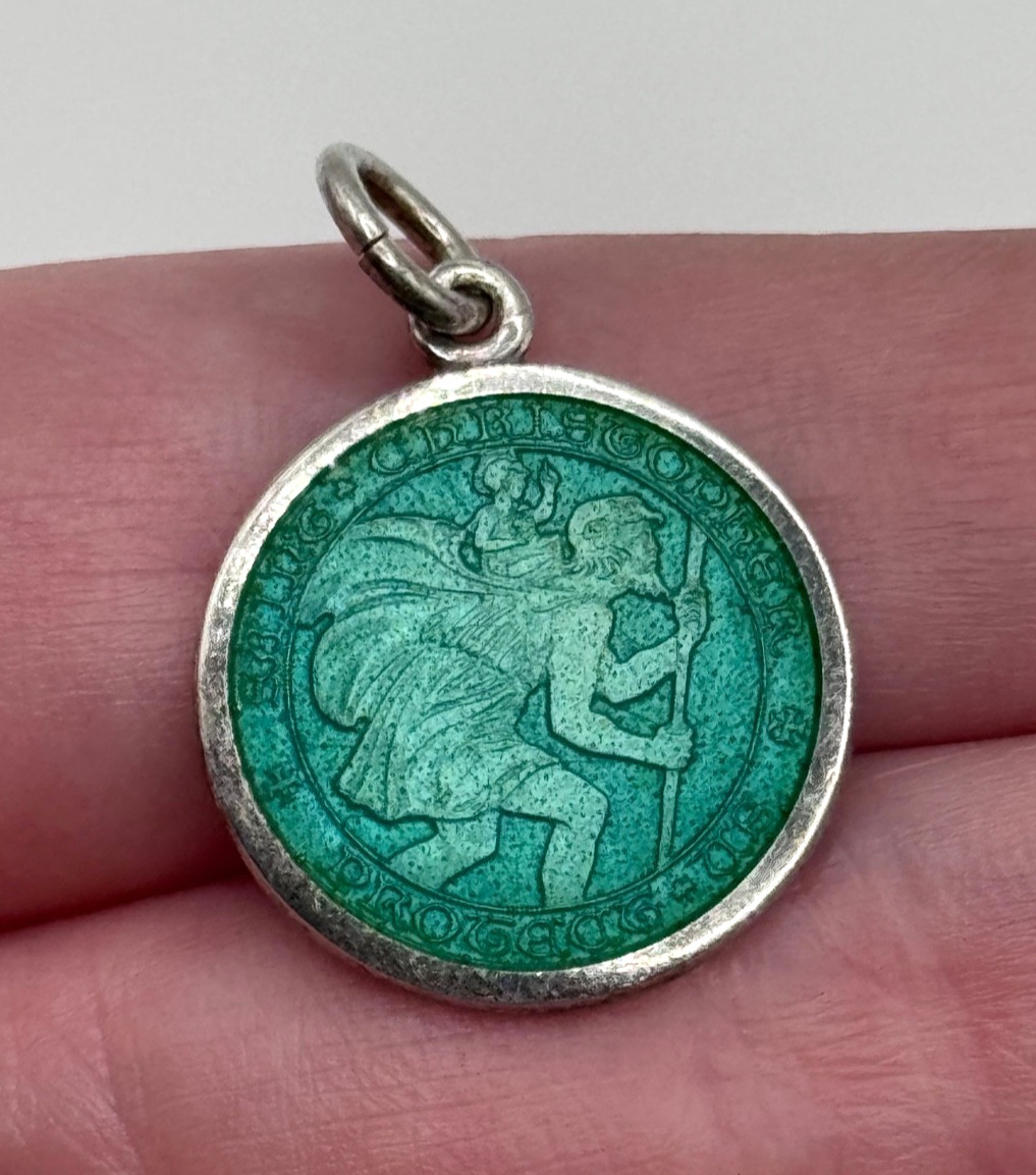 Vintage Charles Thomae Sterling Silver Green Enamel Saint Christopher Medal