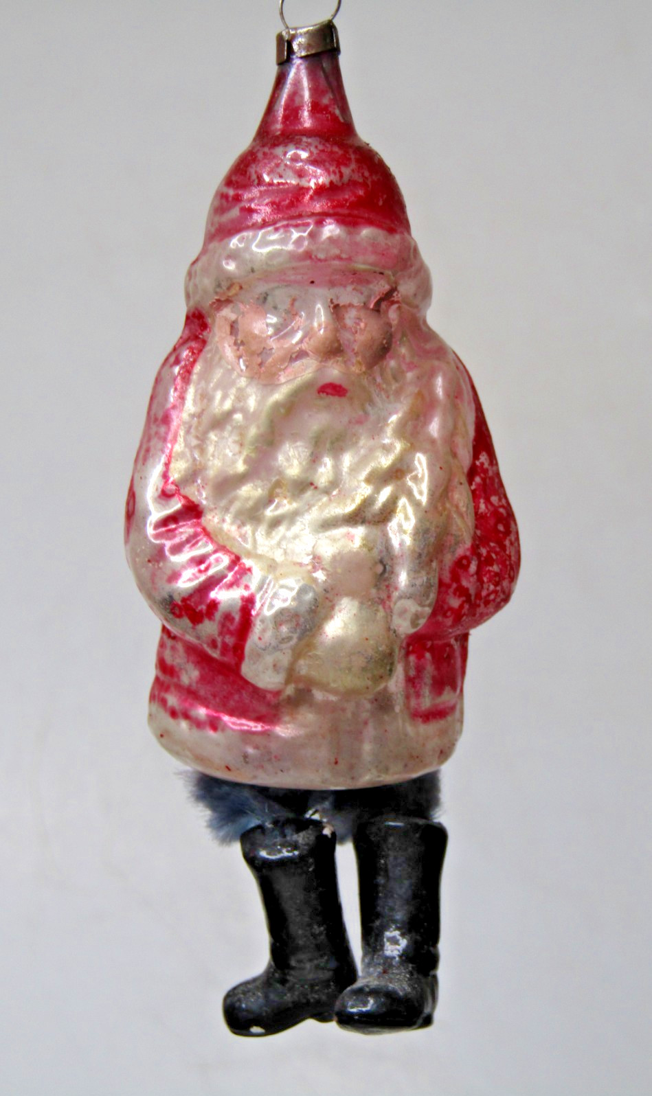 VTG Antique Glass SANTA Chenille Legs Boots Figurine Christmas Ornament Germany