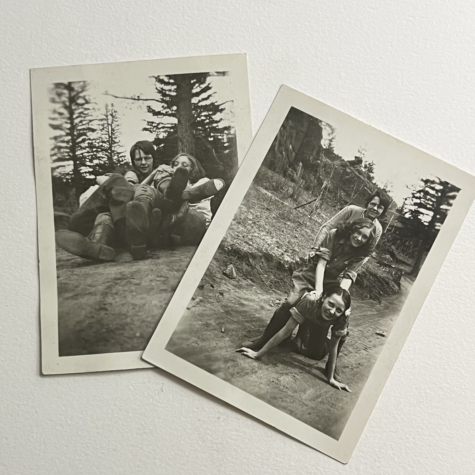 Vintage B&W Snapshot Photograph Young Women Teen Girls Rough Housing Playful