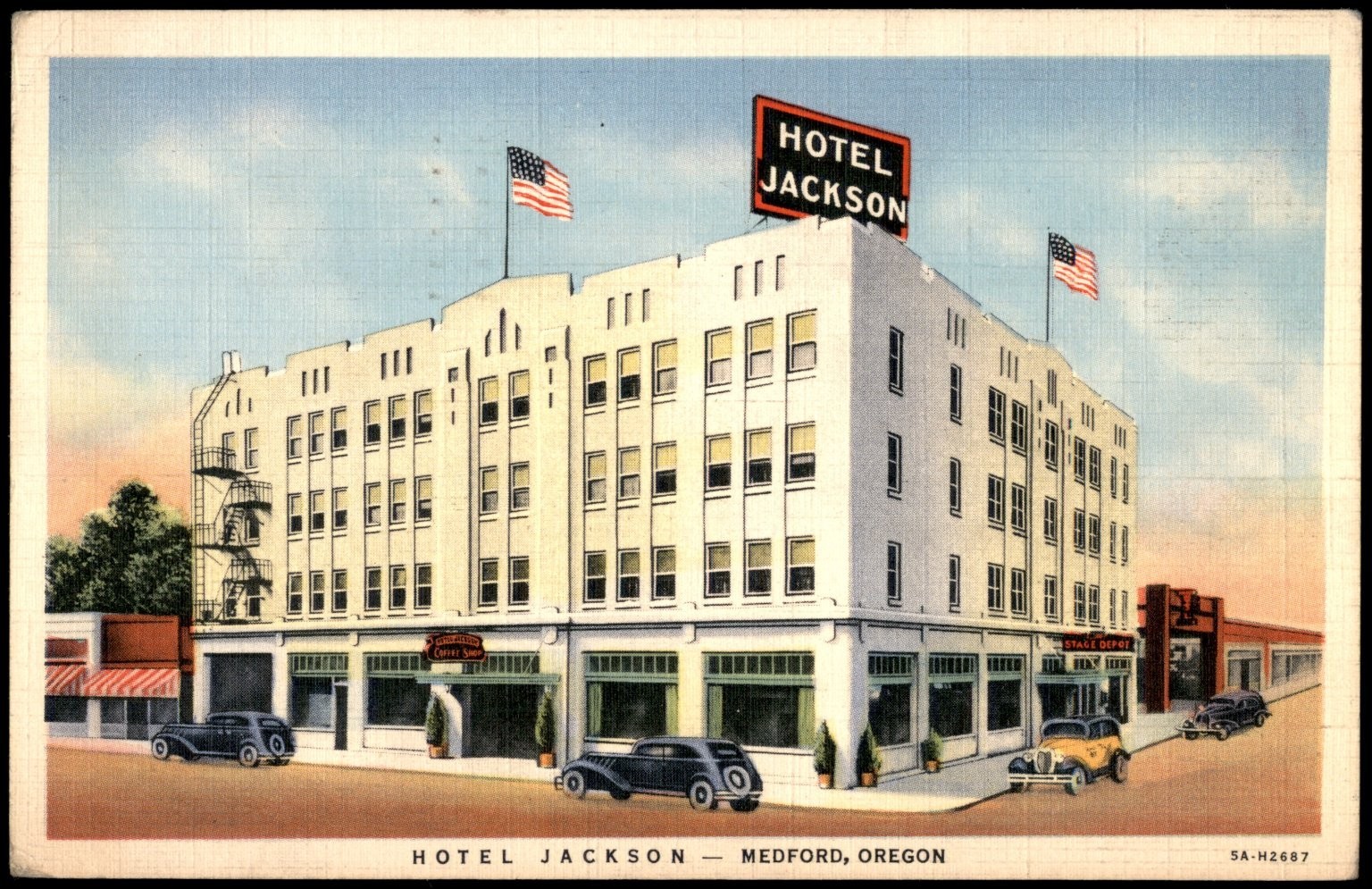Hotel Jackson Medford Oregon Linen Postcard 1943 Vintage Cars Curt Teich