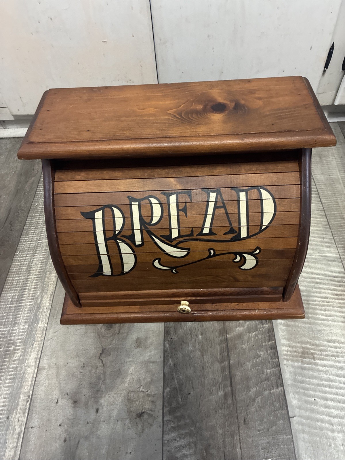 Vintage Wooden Bread Box with Roll-Top Lid and \'BREAD\'  Lettering   Read