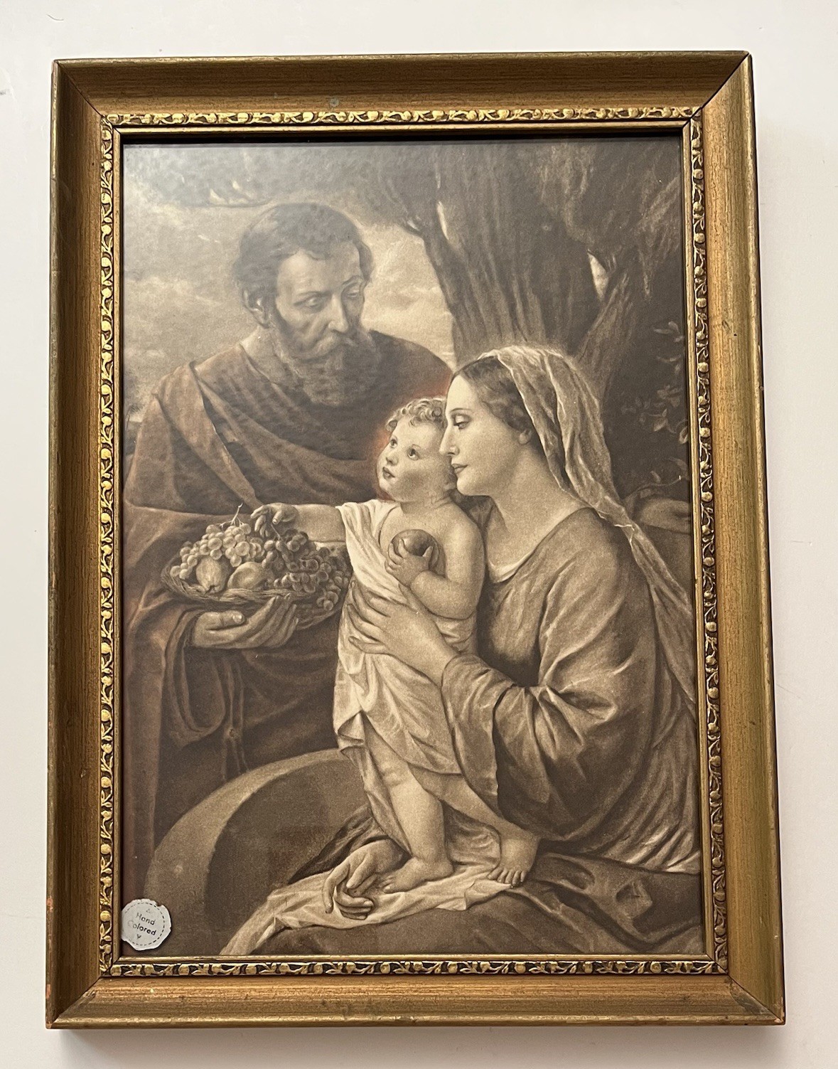 Antique Holy Family Mary Jesus & Joseph Framed Print Hand Colored