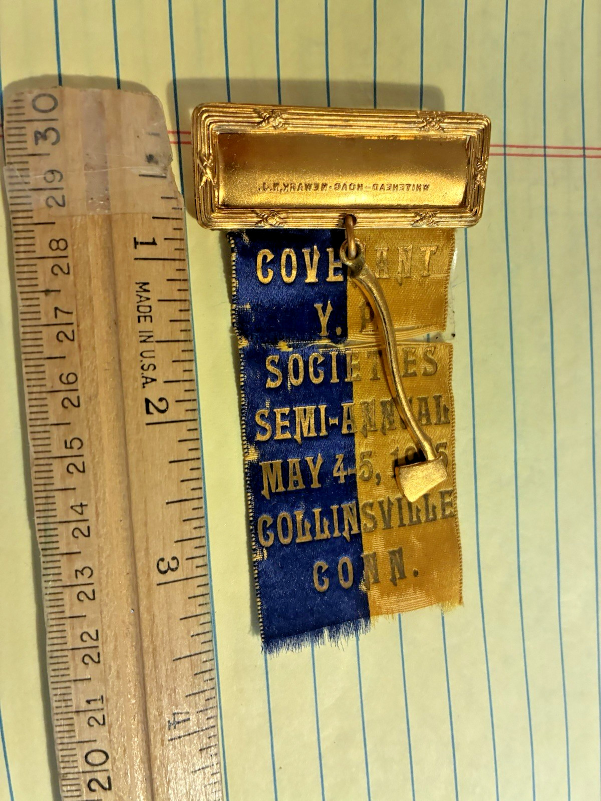1935 PINBACK RIBBON -Covenant Y.P. Societies Puritan -Collinsville, Connecticut