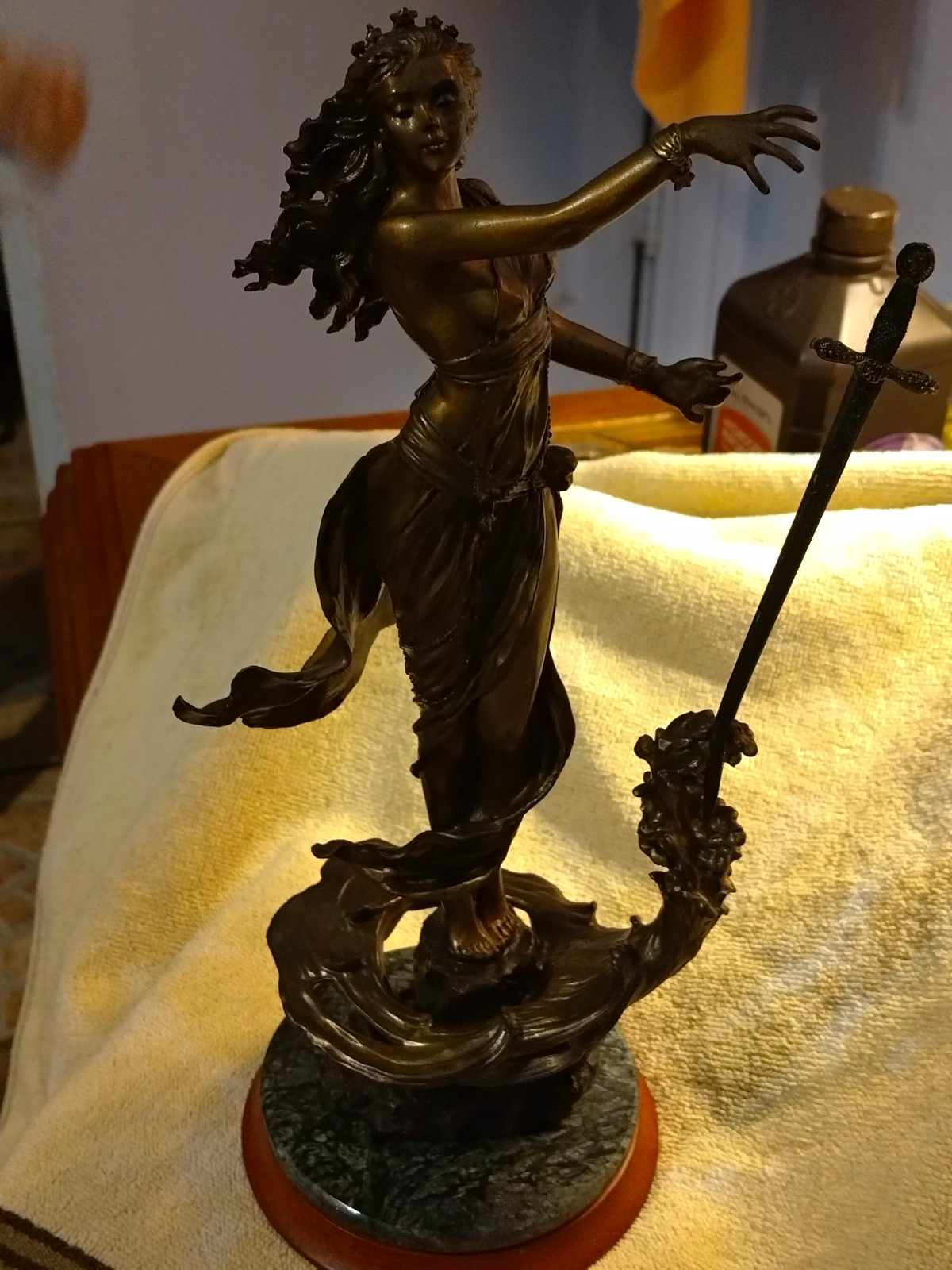 Bronze Female Figure Statue Holding Sword on Marble/Stone-Look Base