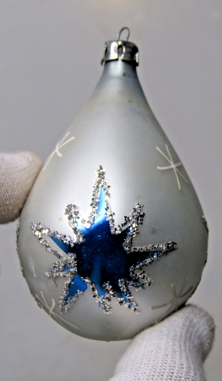 VTG Glass ATOMIC STAR PEAR Glitter DROP Christmas Ornament Fantasia Poland Blue