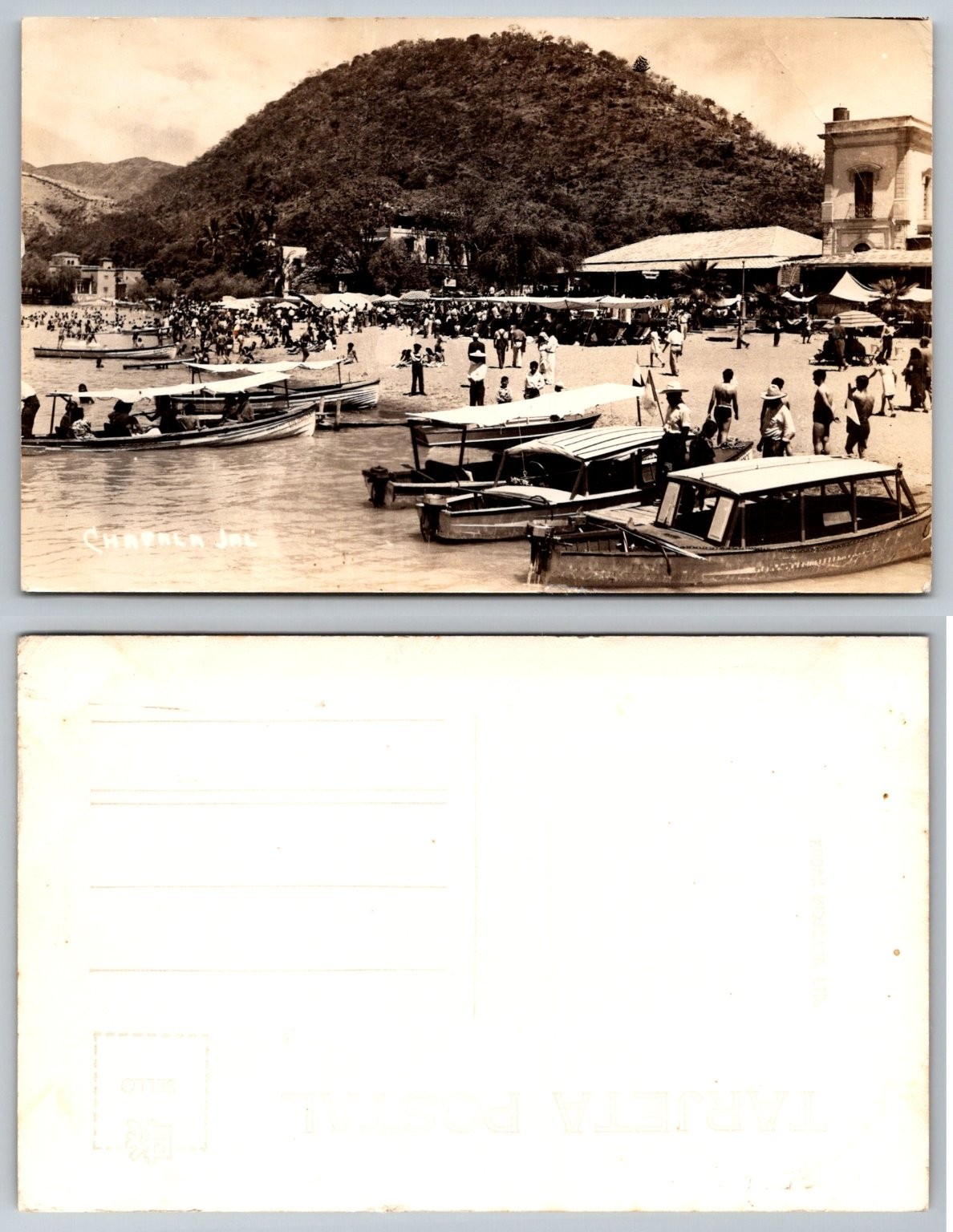Vintage RPPC Chapala Jalisco Mexico Beach Boats People Lake Scene Postcard
