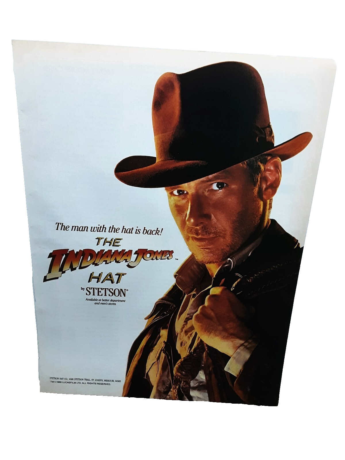 1989 Stetson Indiana Jones Hat Harrison Ford Print Ad Original 80s