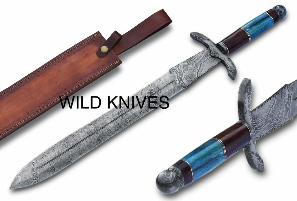 BEAUTIFUL LONG SHARP EDGE- 27'' DAMASCUS STEEL HUNTING SWORD WITH LEATHER SHEATH