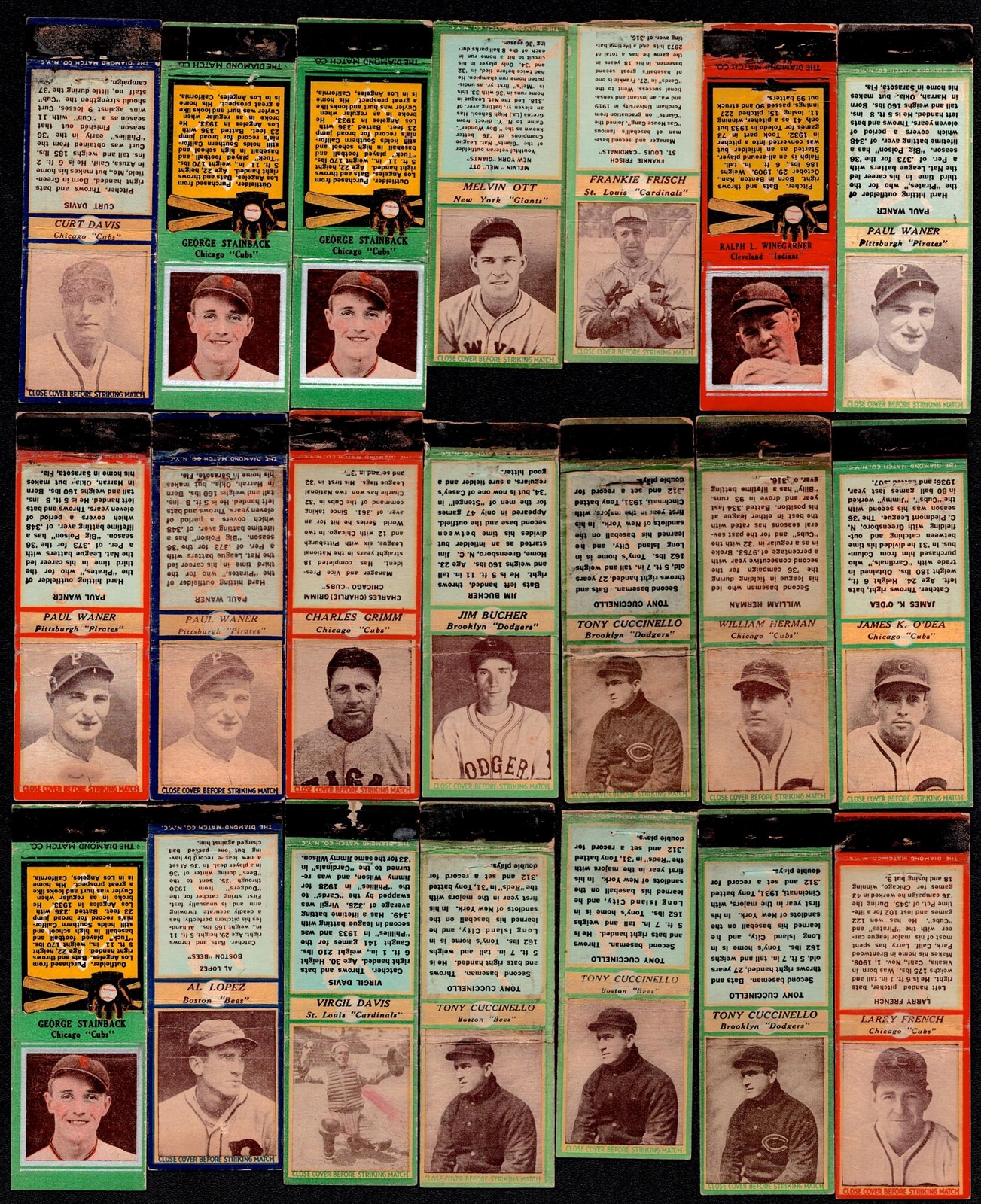 1934-1937 Diamond Matchbook Cover Baseball Lot HOF Melvin Ott Frisch Waner Lopez