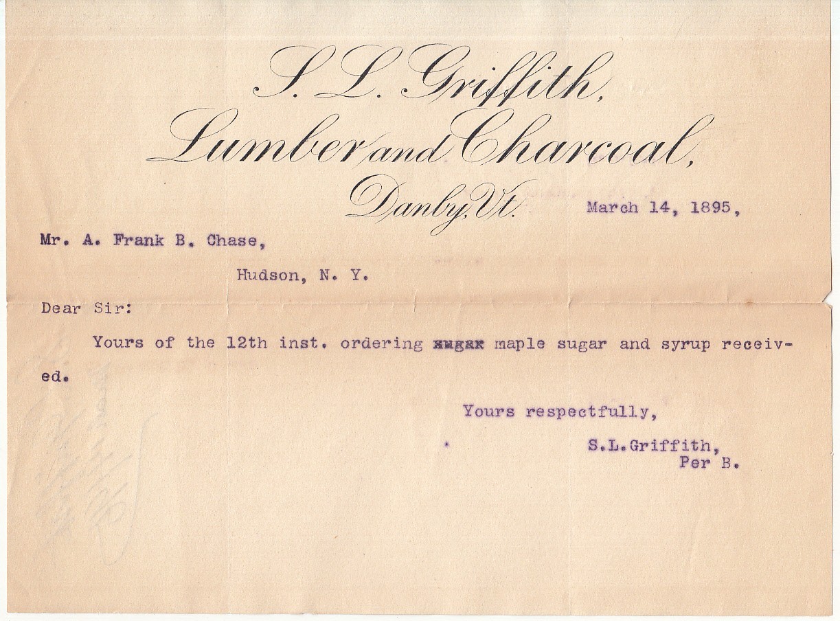 1895 L.L. Griffith Lumber & Coal Danby VT Maple Sugar Syrup Legal Letter