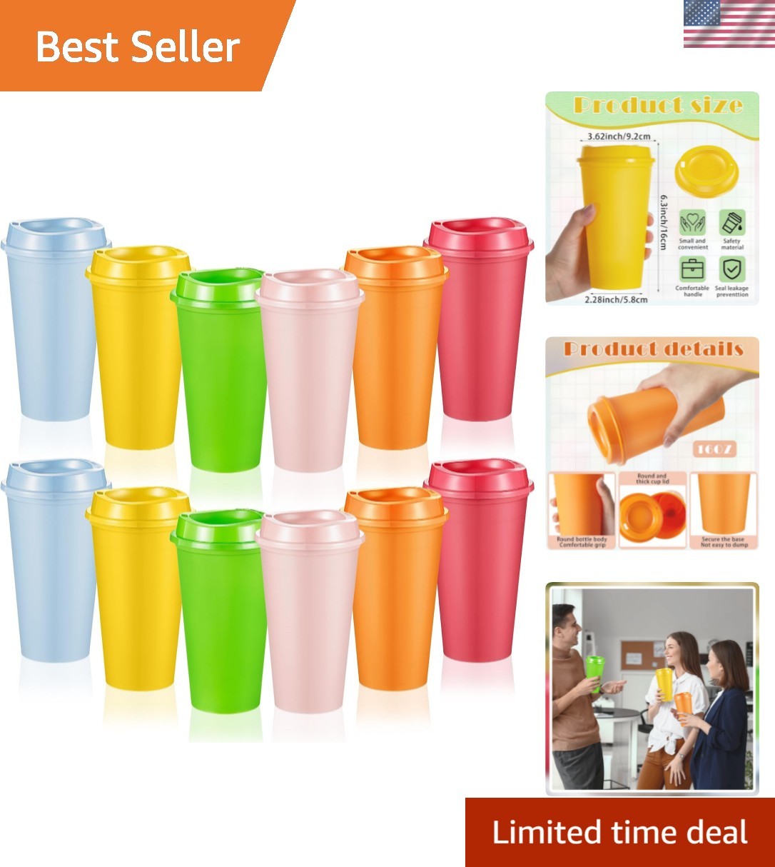 12 Pcs 16 oz Reusable Coffee Cups with Lids, Vibrant Colors