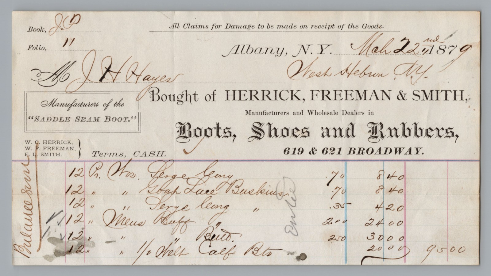 1879 Albany NY Antique Billhead Invoice Herrick Freeman Smith Boots Shoes Rubber
