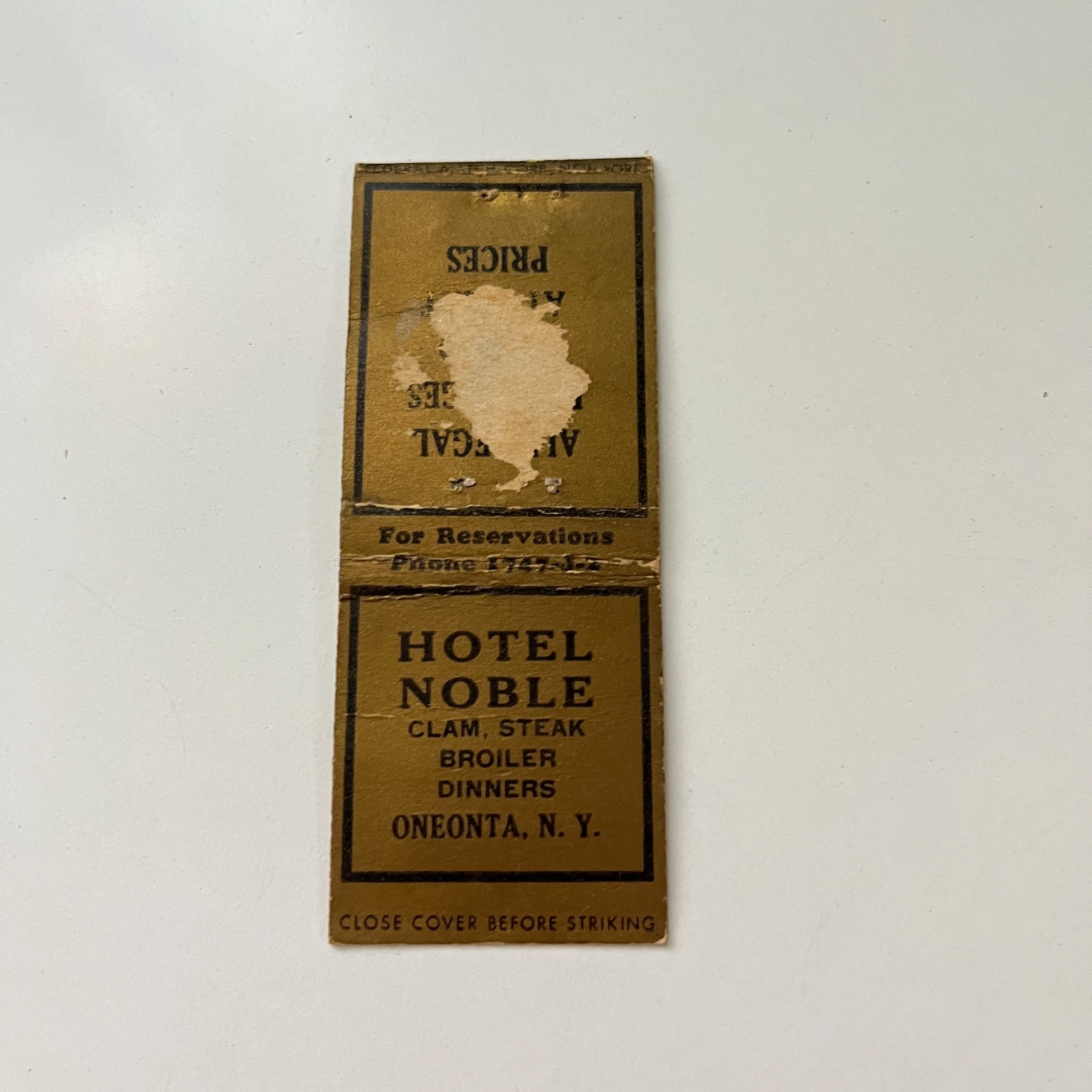 Hotel Noble Clam Steak Broiler Dinners Oneonta Vintage Matchbook Cover TMB77-6