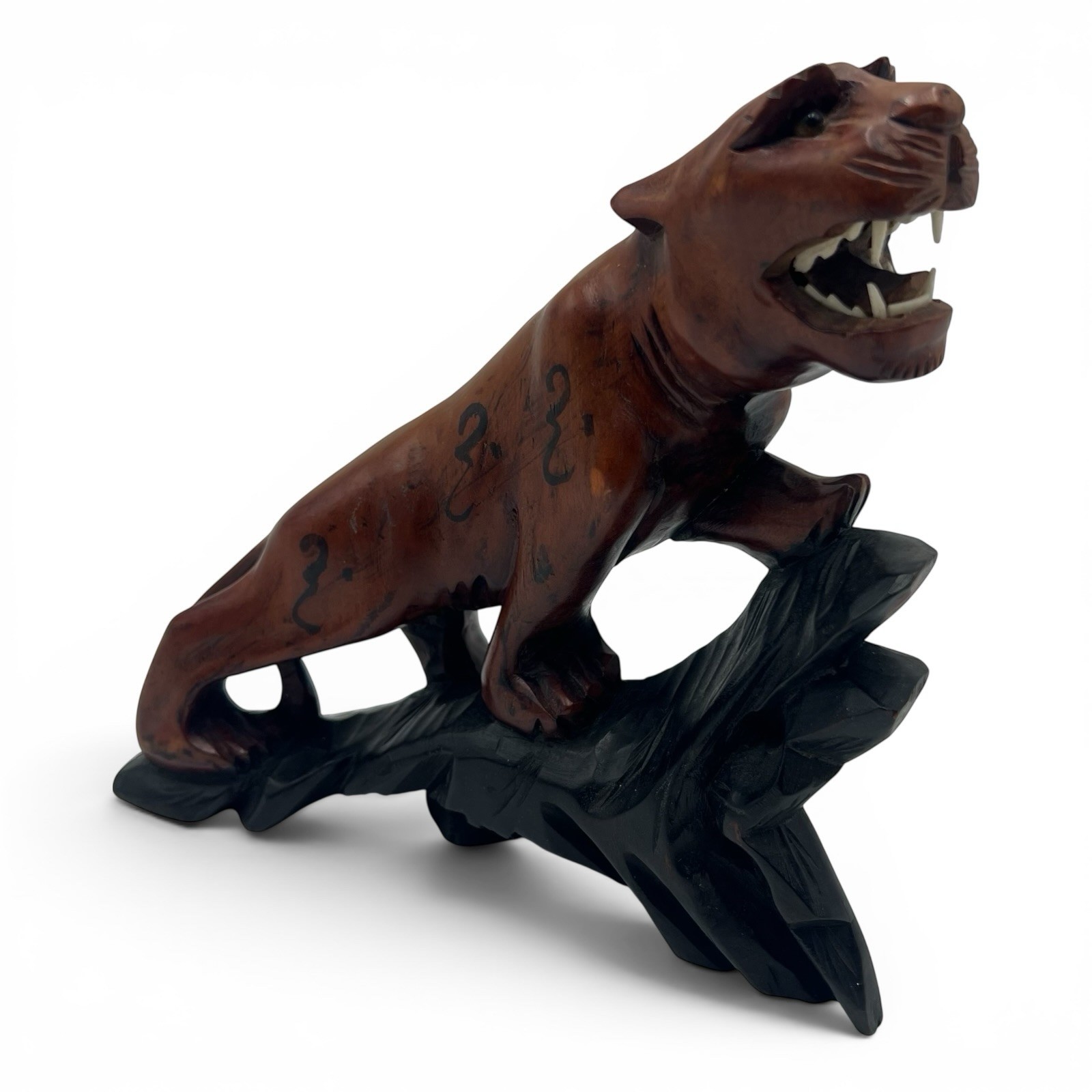 VTG Hand Carved Wooden Sabre Tooth Tiger On A Log Sculpture Glass Eyes Rosewood