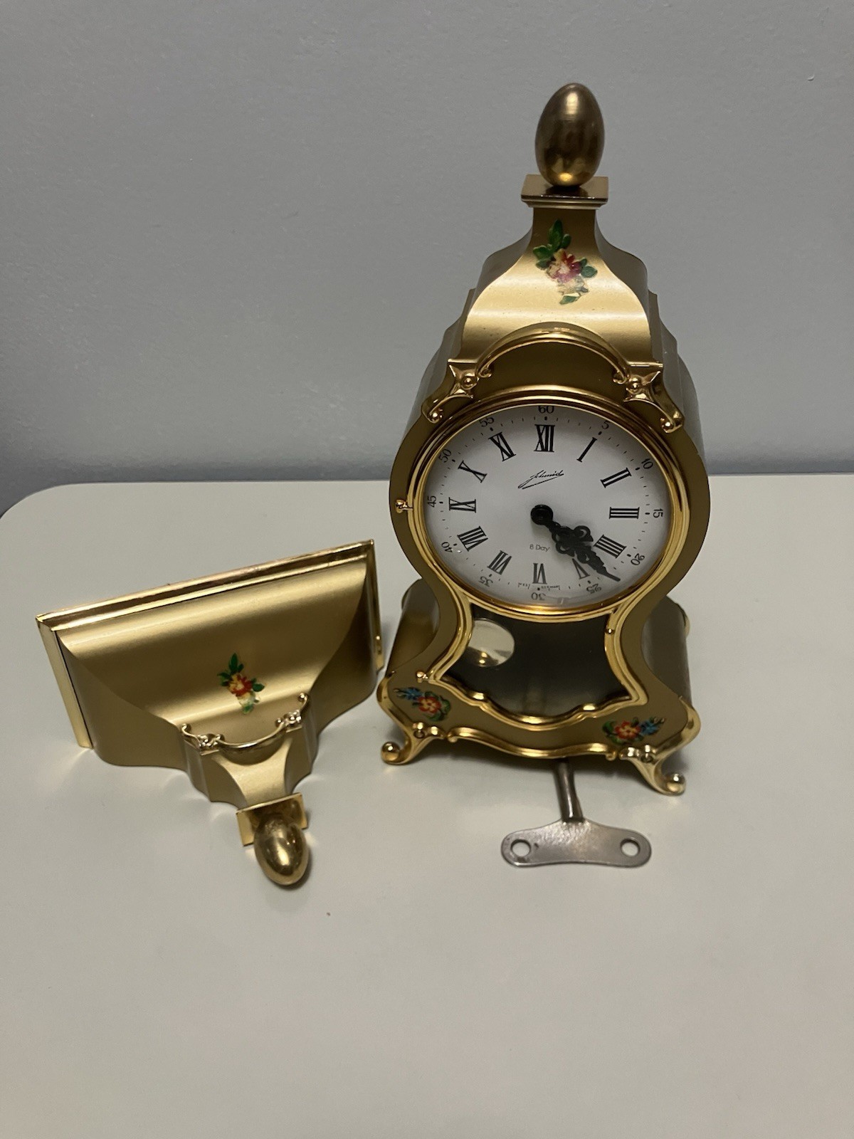 Rare Vintage Johmid Clock Gold Tone Red Green Floral Flowers w/Shelf & Key