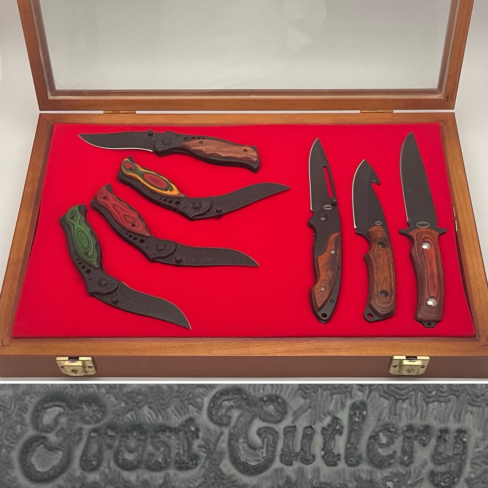 Frost Cutlery 7pc Cocobolo Wood Black Blade Pocket & Hunting Knives/Display Case
