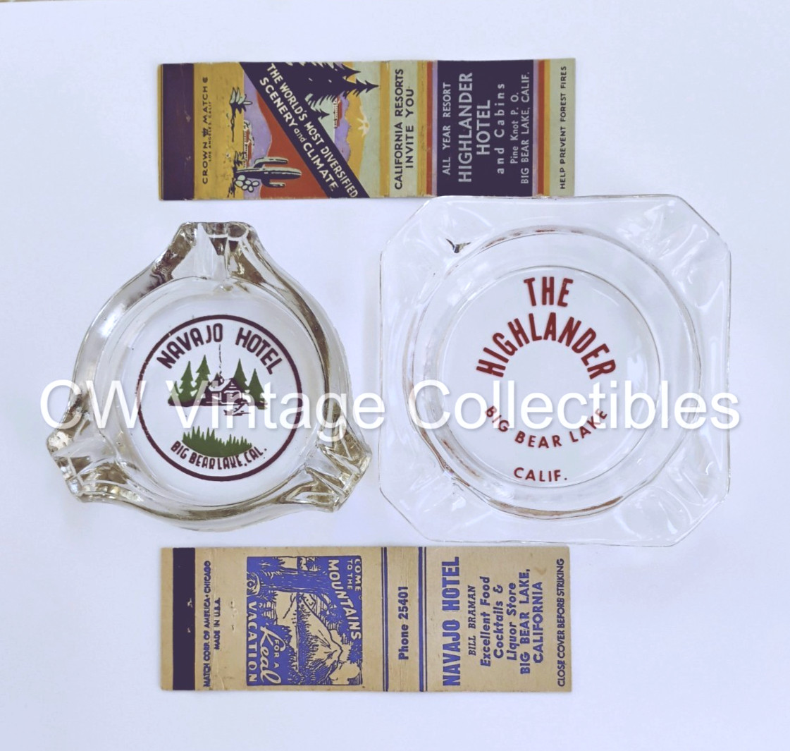 Rare 1940\'s Navajo & Highlander Hotels Ashtrays & Match Covers Big Bear Lake CA